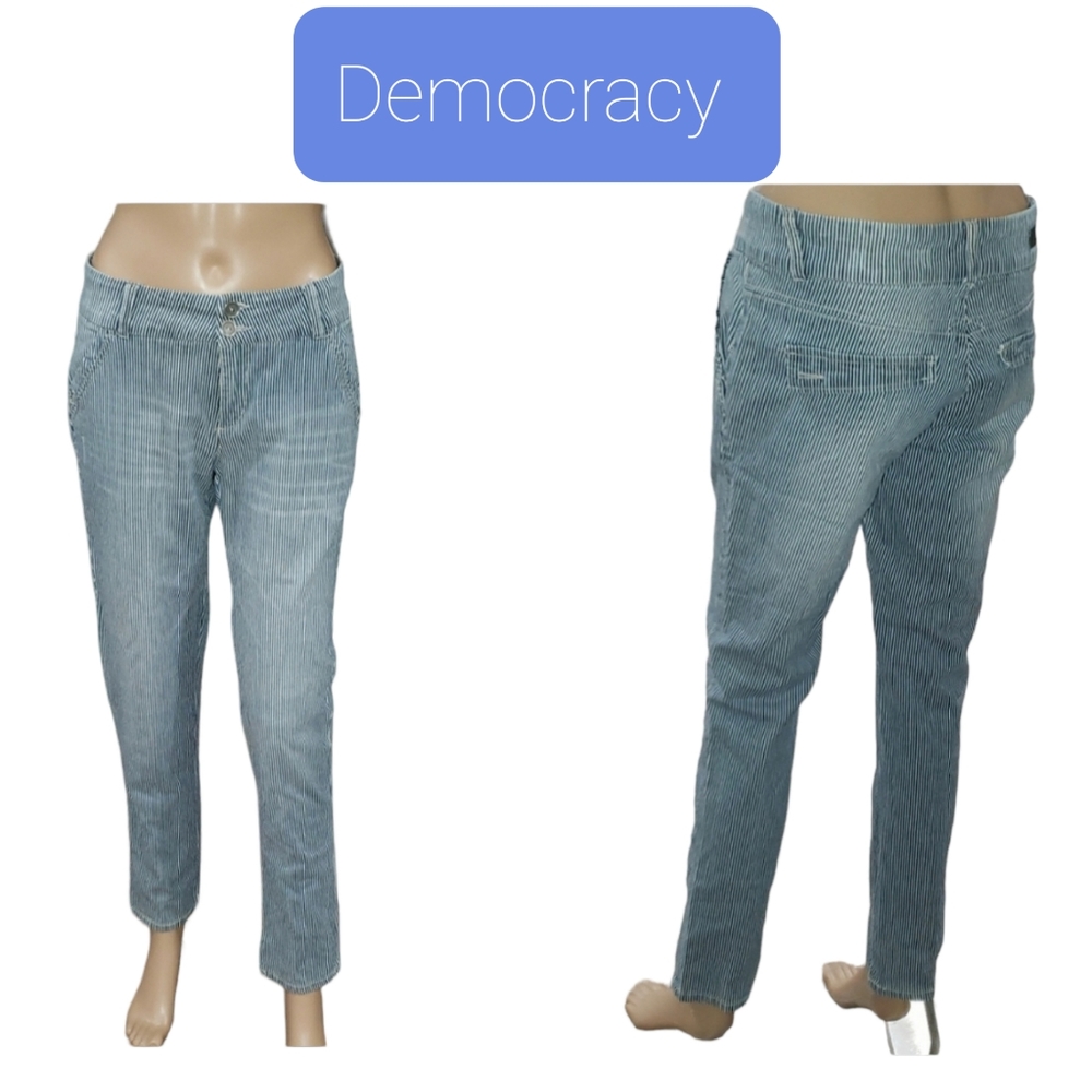 Democracy 4 microstripes subtle unique button slits whiskering faux pocket